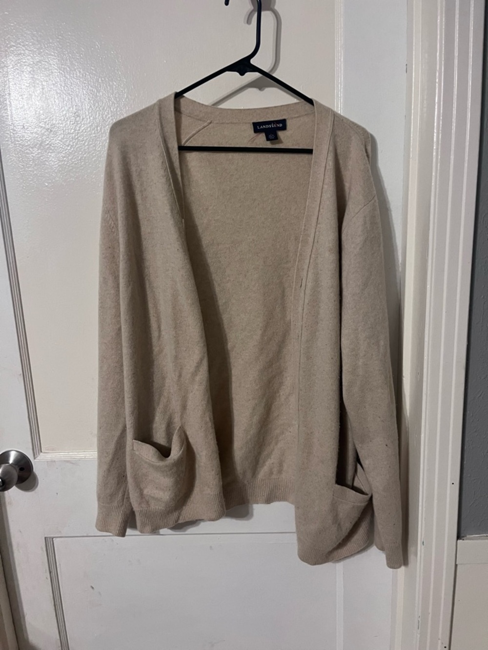 Lands' End Light Beige Open-Front Pocket Cashmere Cardigan
